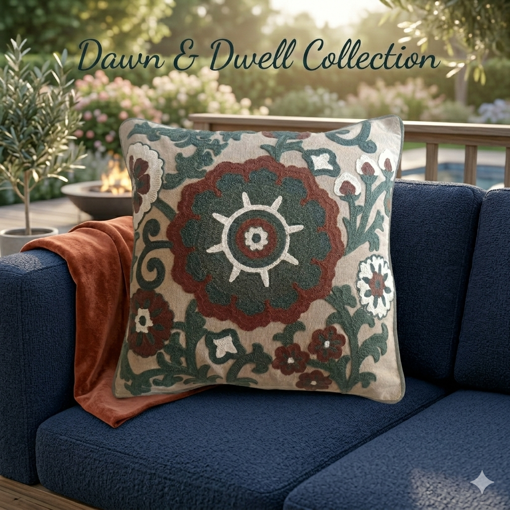 Handmade Textured Floral Cushion Cover – Multicolour Embroidery, Cotton, 40x40 cm (16x16”)
