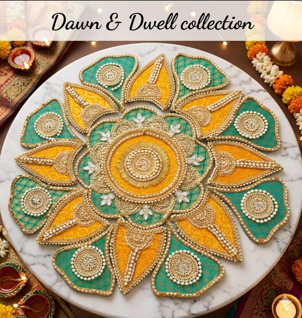 Handcrafted Rangoli |The Emerald &Saffron Medallion | Intricate brocade & Mirror- Work Festive Accent