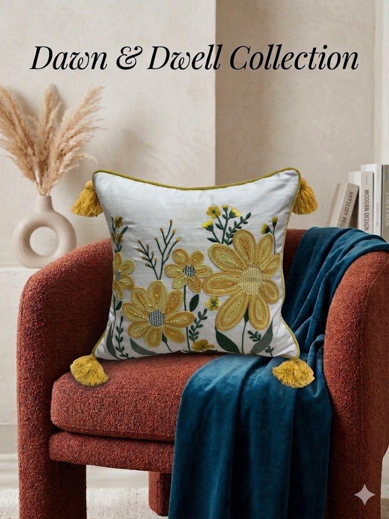 Handmade Textured Floral Cushion Cover – Embroidered Cotton, Neutral Tones, 40x40 cm (16x16”)