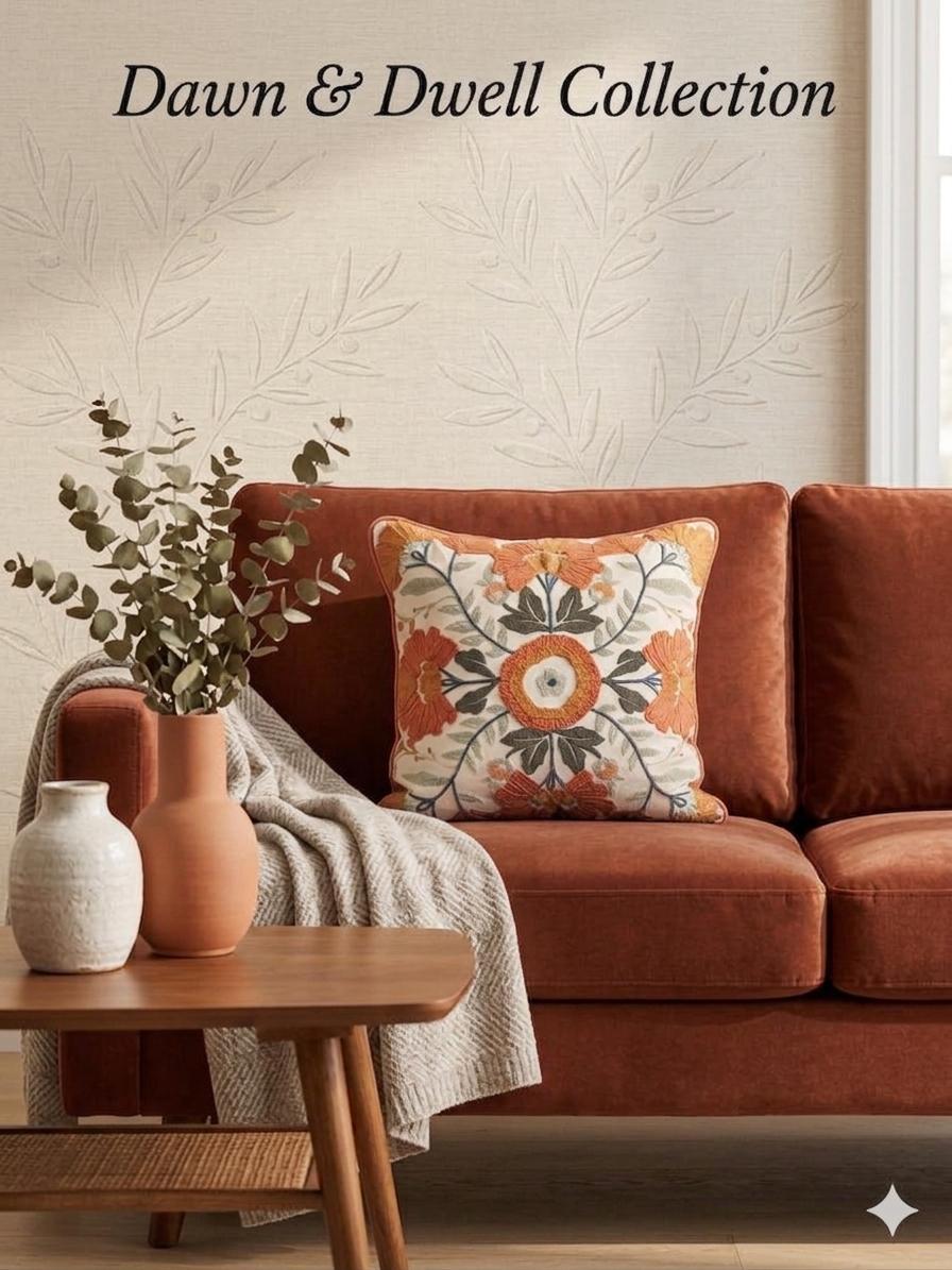 Handmade Textured Floral Cushion Cover – Embroidered Cotton, Neutral Tones, 40x40 cm (16x16”)