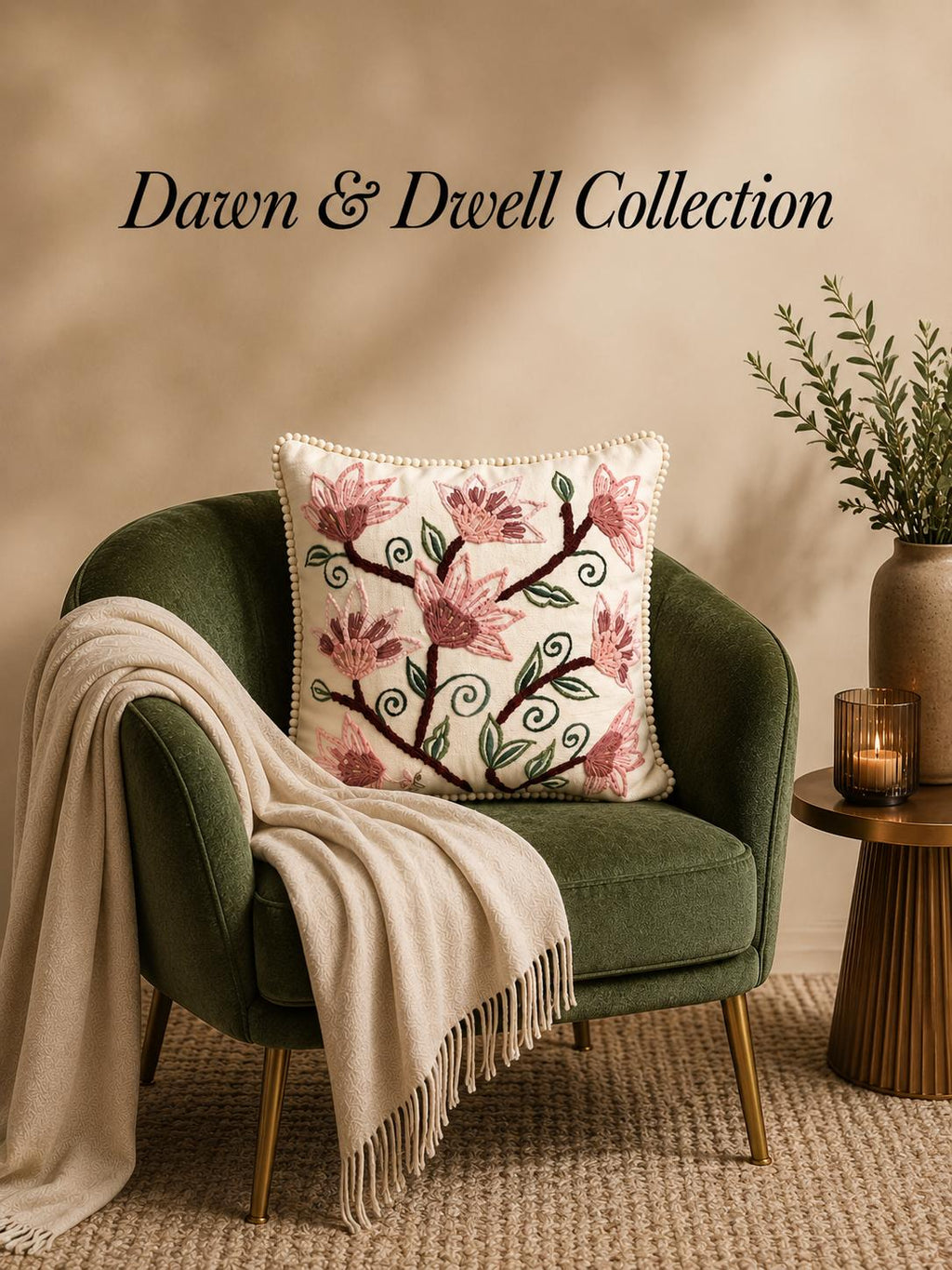 Handmade Textured Floral Cushion Cover – Embroidered Cotton, Neutral Tones, 40x40 cm (16x16”)