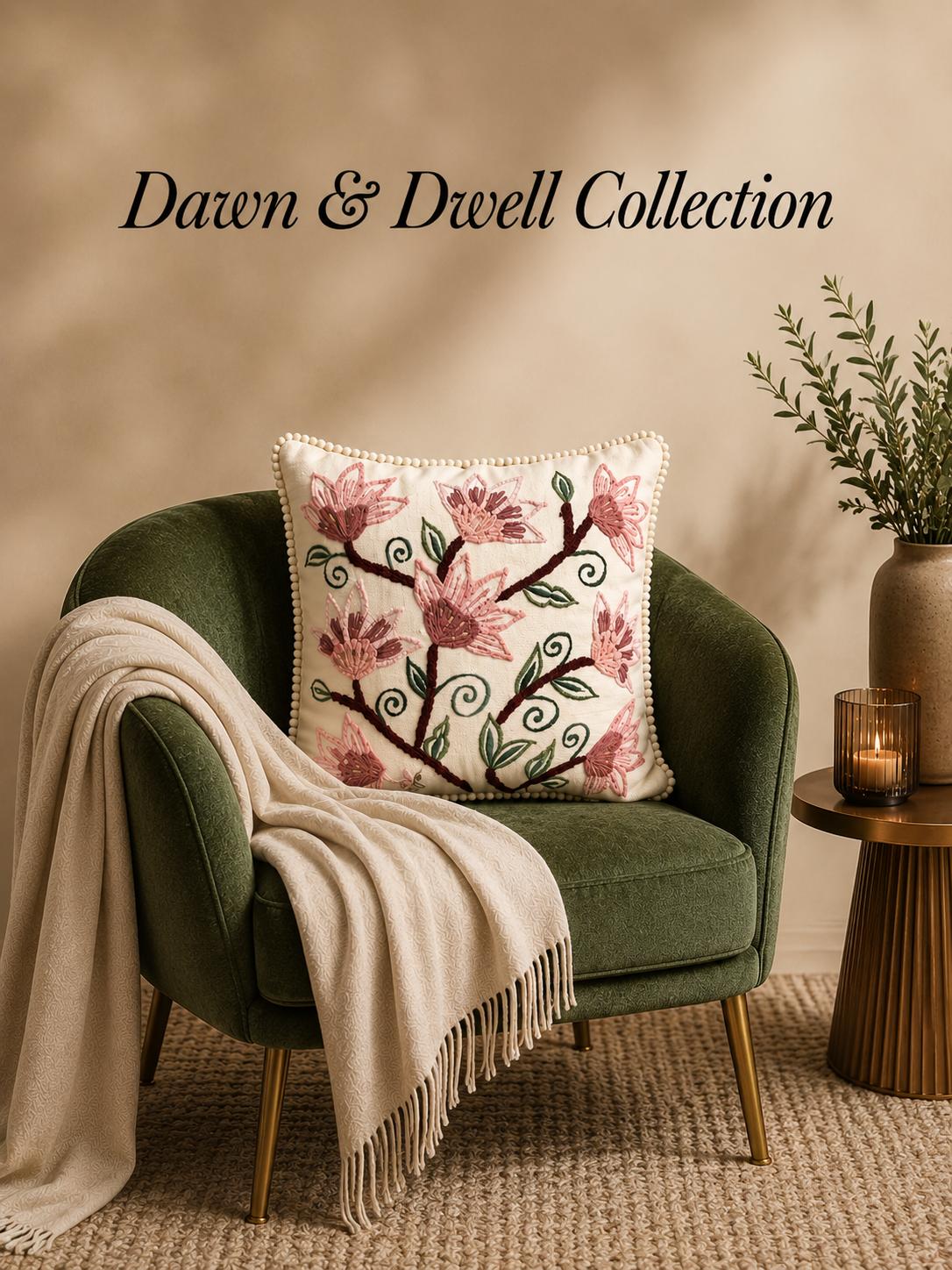 Handmade Textured Floral Cushion Cover – Embroidered Cotton, Neutral Tones, 40x40 cm (16x16”)