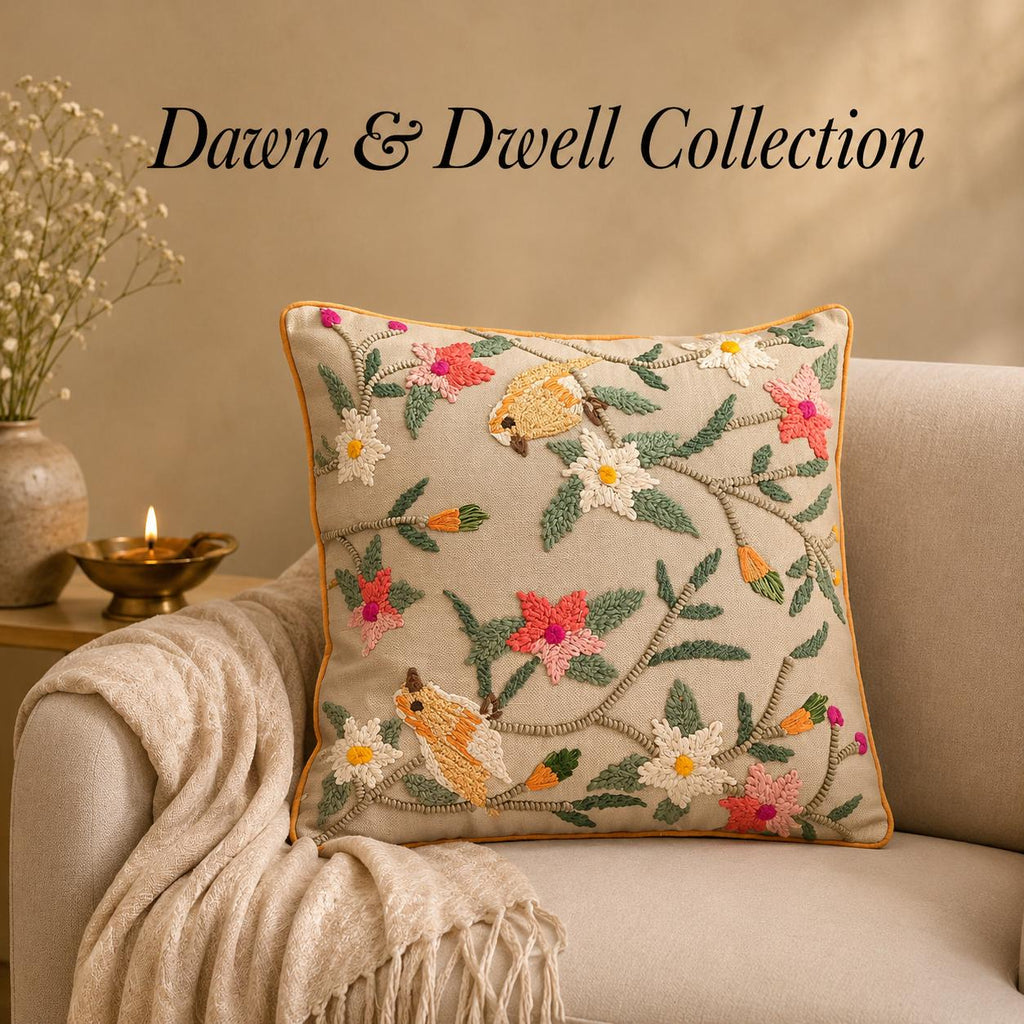 Handmade Textured Floral Cushion Cover – Embroidered Cotton, Neutral Tones, 40x40 cm (16x16”)
