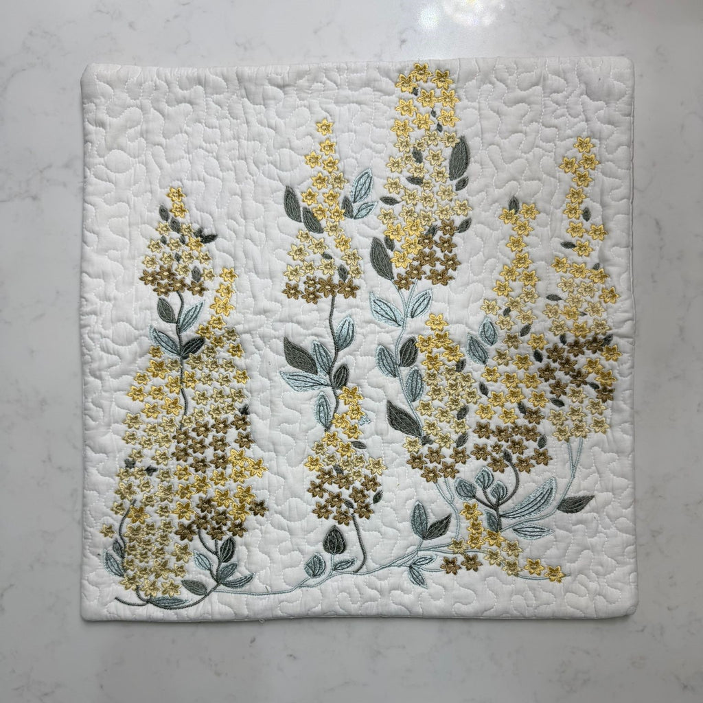 Handmade Quilted Floral Cushion Cover – Embroidered Cotton, Neutral Tones, 40x40 cm (16x16”)