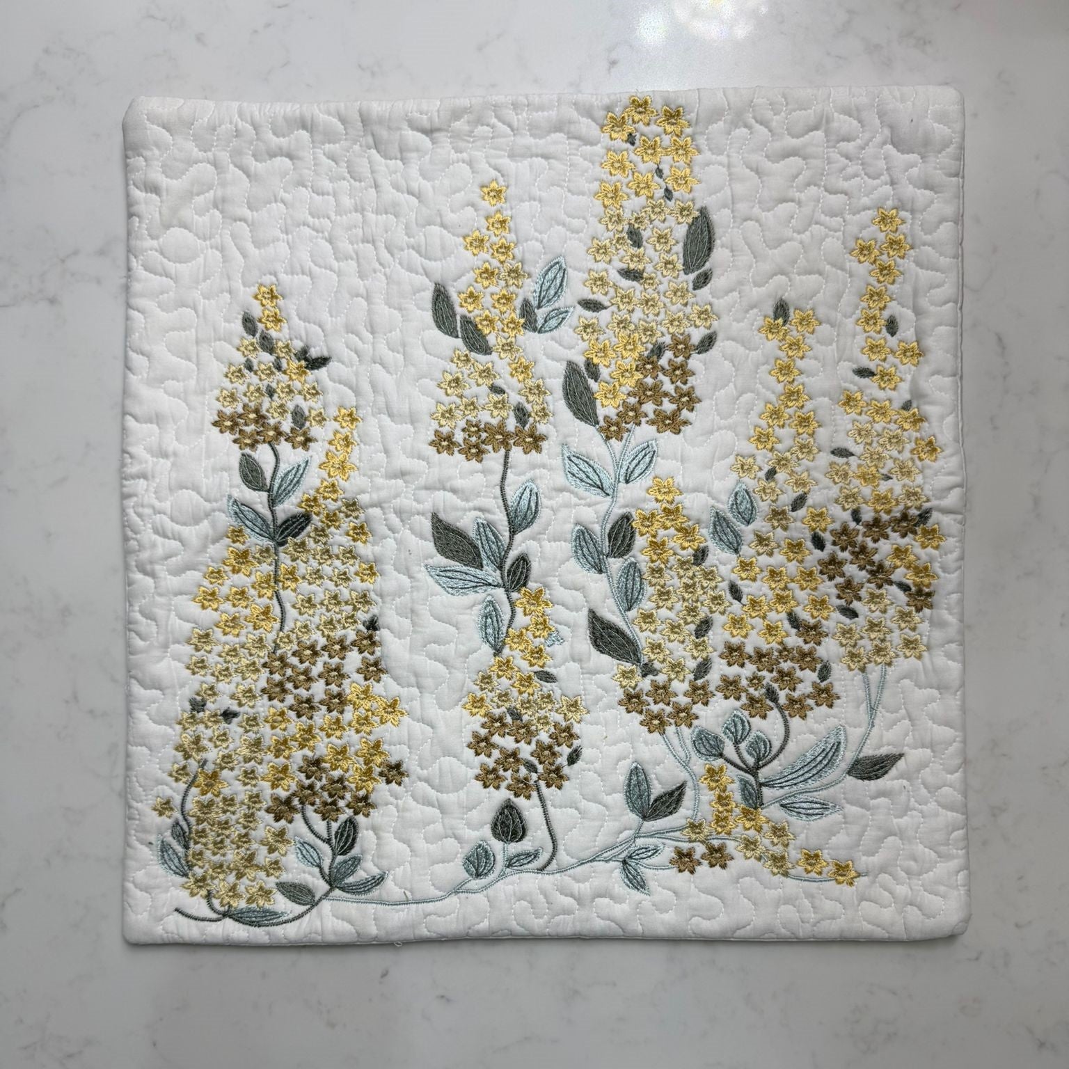 Handmade Quilted Floral Cushion Cover – Embroidered Cotton, Neutral Tones, 40x40 cm (16x16”)