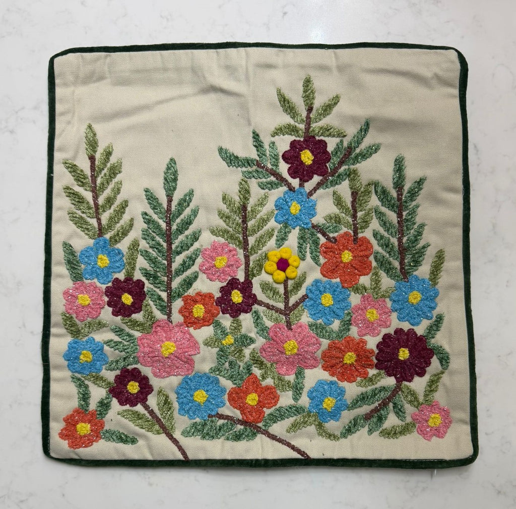 Handmade Textured Floral Cushion Cover – Multicolour Embroidery, Cotton, 40x40 cm (16x16”)