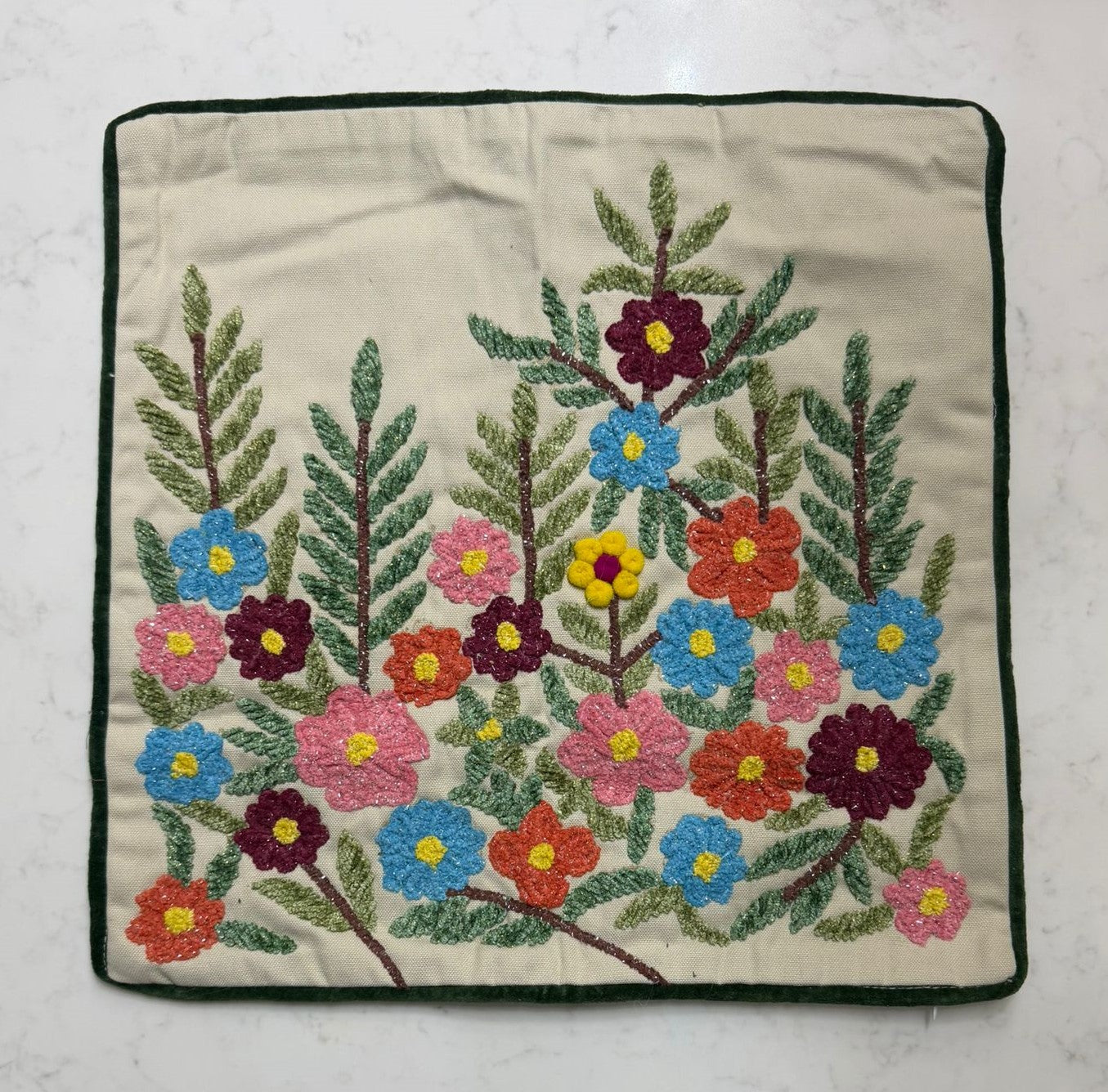 Handmade Textured Floral Cushion Cover – Multicolour Embroidery, Cotton, 40x40 cm (16x16”)