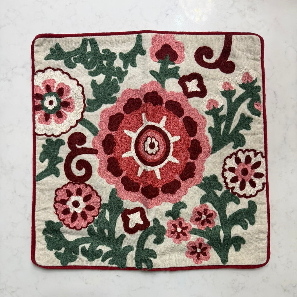 Handmade Textured Floral Cushion Cover – Multicolour Embroidery, Cotton, 40x40 cm (16x16”)