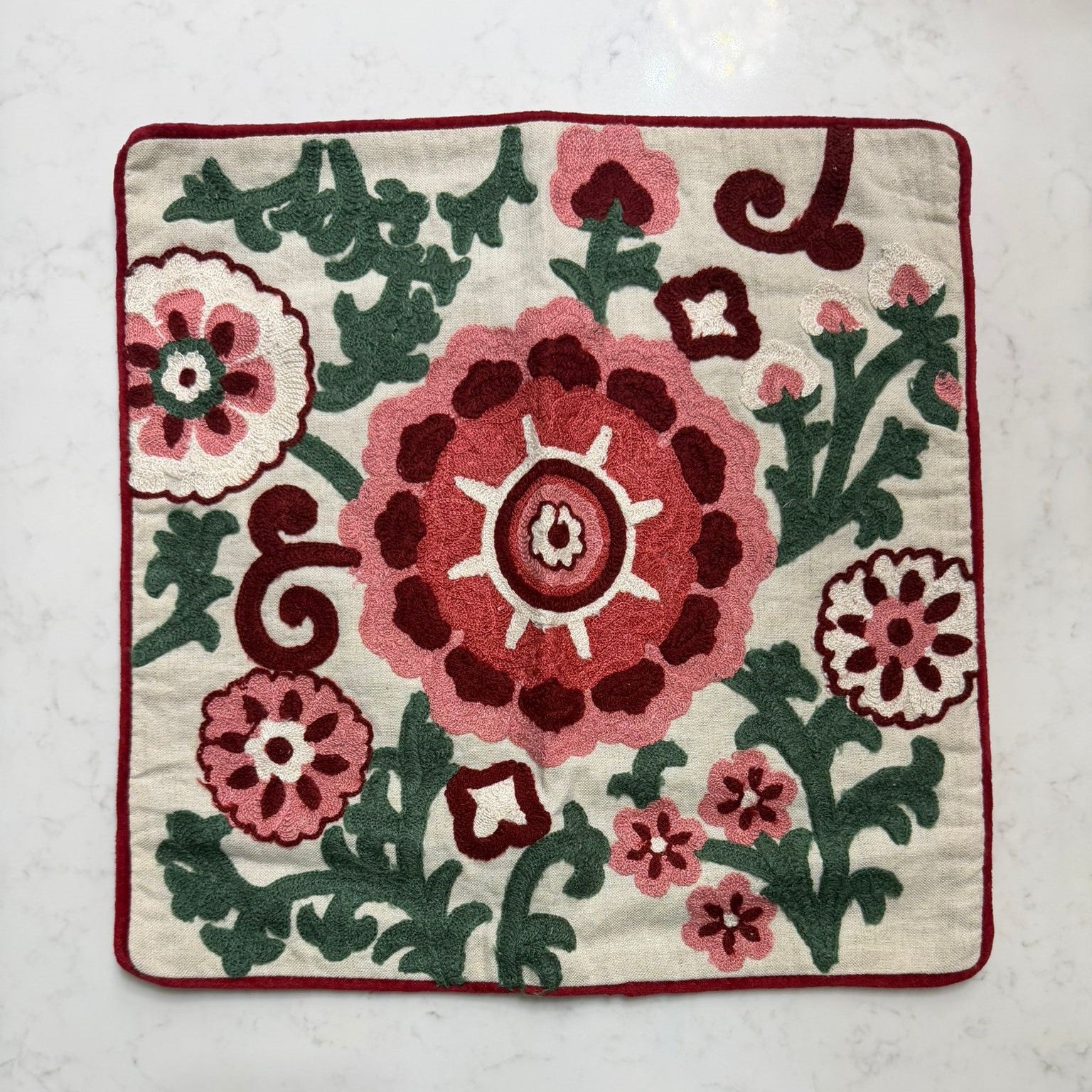 Handmade Textured Floral Cushion Cover – Multicolour Embroidery, Cotton, 40x40 cm (16x16”)