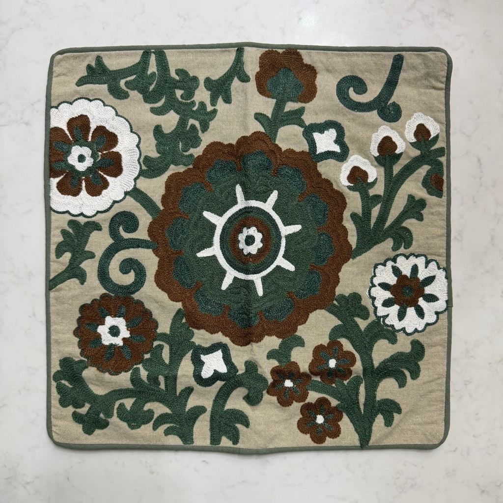 Handmade Textured Floral Cushion Cover – Multicolour Embroidery, Cotton, 40x40 cm (16x16”)