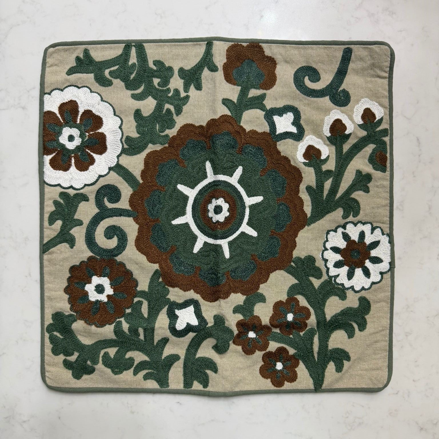 Handmade Textured Floral Cushion Cover – Multicolour Embroidery, Cotton, 40x40 cm (16x16”)