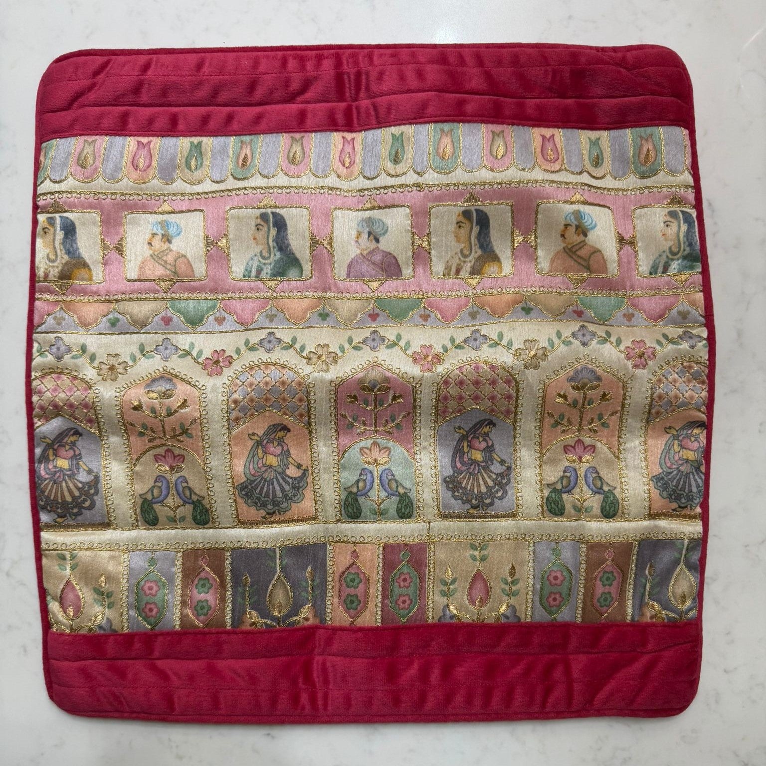 Handmade Textured Floral Cushion Cover – Multicolour Embroidery, Cotton, 40x40 cm (16x16”)