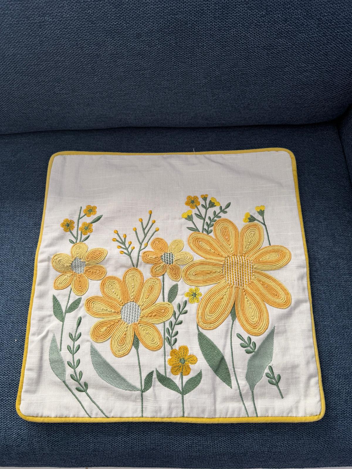 Handmade Textured Floral Cushion Cover – Embroidered Cotton, Neutral Tones, 40x40 cm (16x16”)