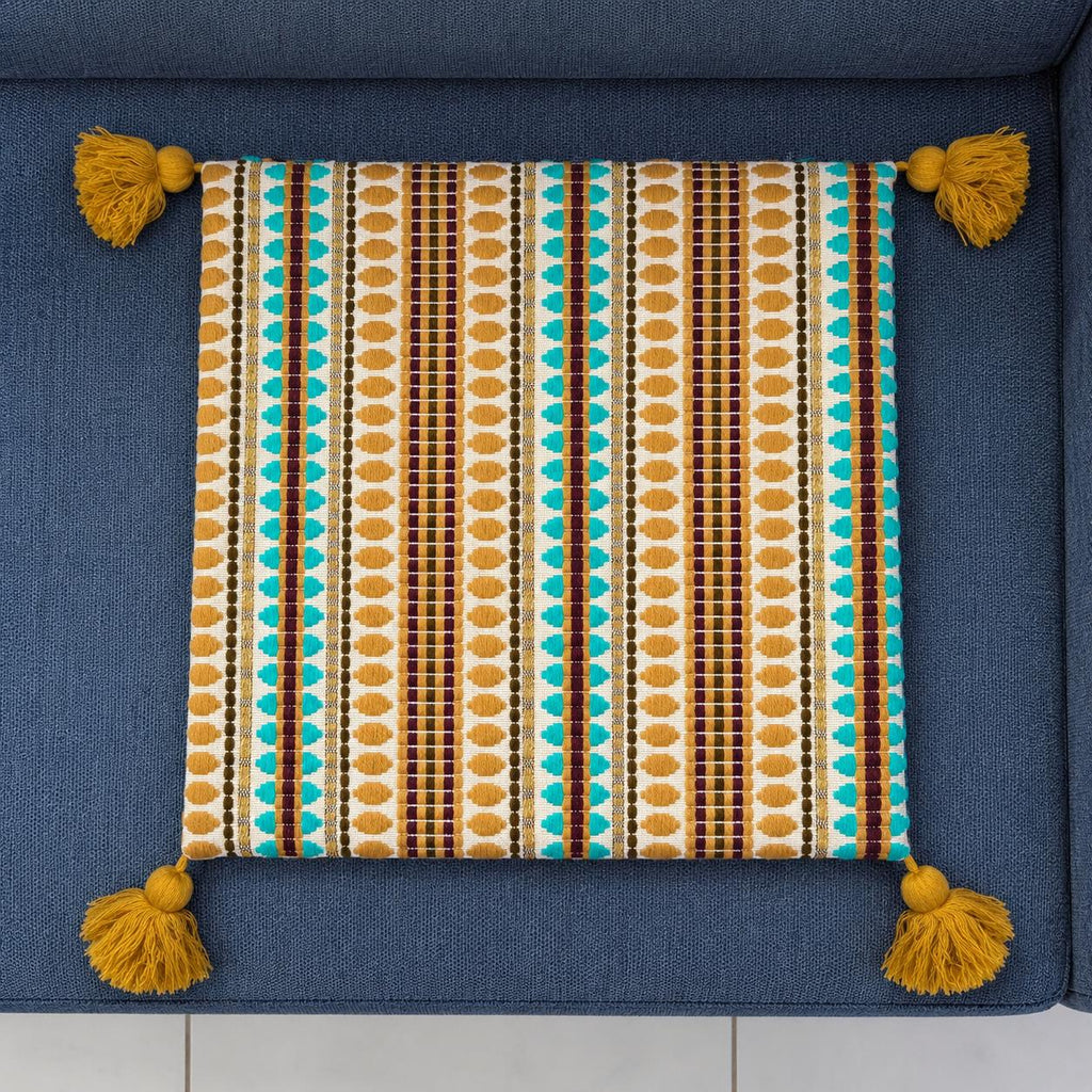 Handmade Woven Cushion Cover with Tassel at corners, Neutral Tones, 40x40 cm (16x16”)