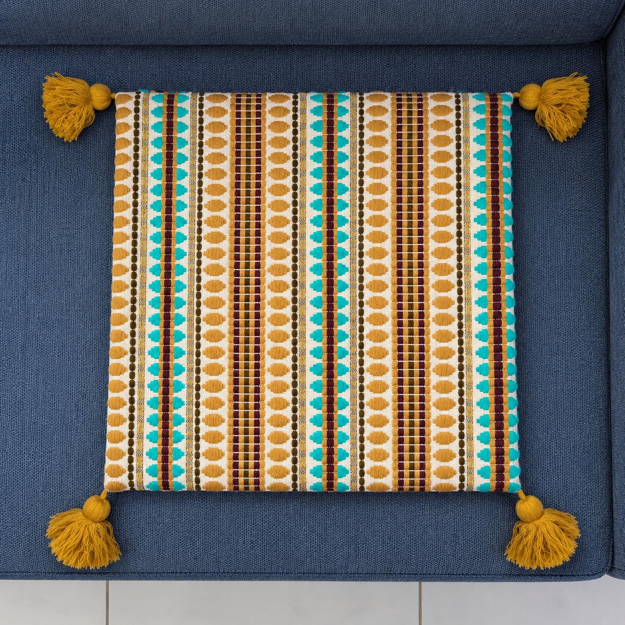 Handmade Woven Cushion Cover with Tassel at corners, Neutral Tones, 40x40 cm (16x16”)