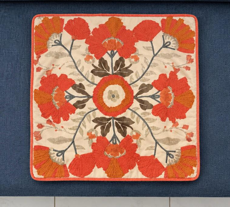 Handmade Textured Floral Cushion Cover – Embroidered Cotton, Neutral Tones, 40x40 cm (16x16”)