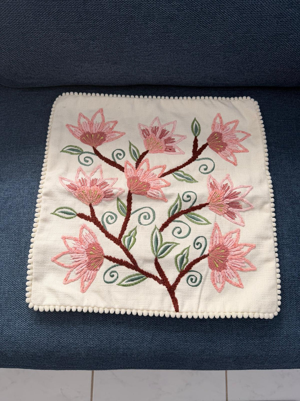Handmade Textured Floral Cushion Cover – Embroidered Cotton, Neutral Tones, 40x40 cm (16x16”)