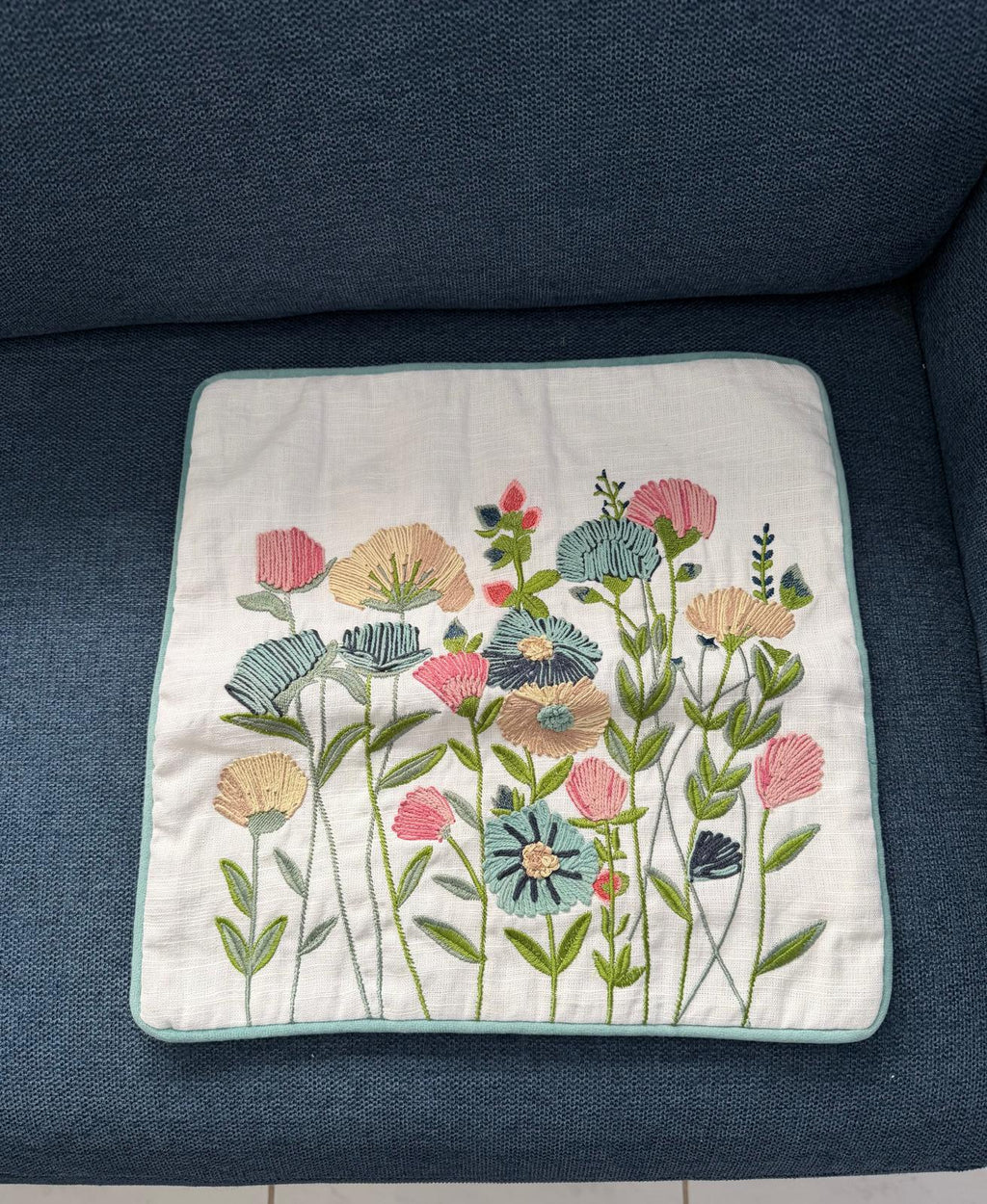 Handmade Textured Floral Cushion Cover – Embroidered Cotton, Neutral Tones, 40x40 cm (16x16”)