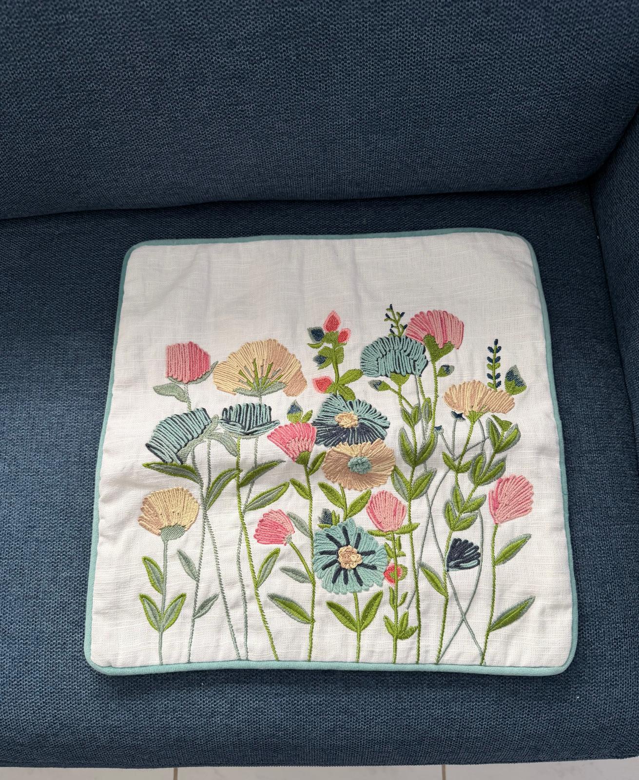 Handmade Textured Floral Cushion Cover – Embroidered Cotton, Neutral Tones, 40x40 cm (16x16”)